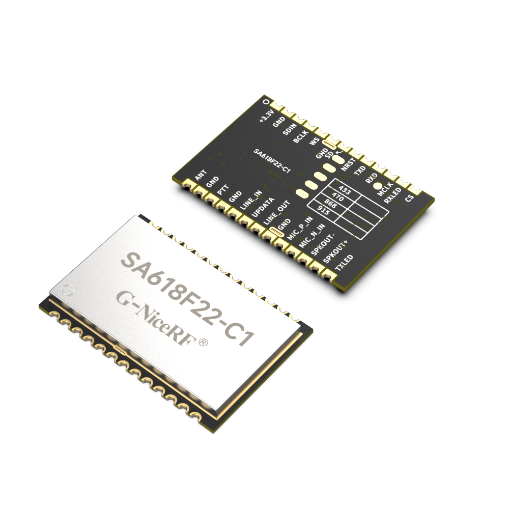 SA618F22-C1是我司一款升級(jí)版的無(wú)線(xiàn)數(shù)字和音頻二合一的全雙工傳輸模塊，具有更短的延時(shí)時(shí)間，同時(shí)支持8人同時(shí)高音質(zhì)通話(huà)。模塊支持多路并發(fā)并收功能，支持多級(jí)的中繼遠(yuǎn)傳、空中升級(jí)或者串口升級(jí)。模塊采用了寬帶擴(kuò)頻技術(shù)，具有功耗低、距離遠(yuǎn)、頻率調(diào)節(jié)靈活等特點(diǎn)。